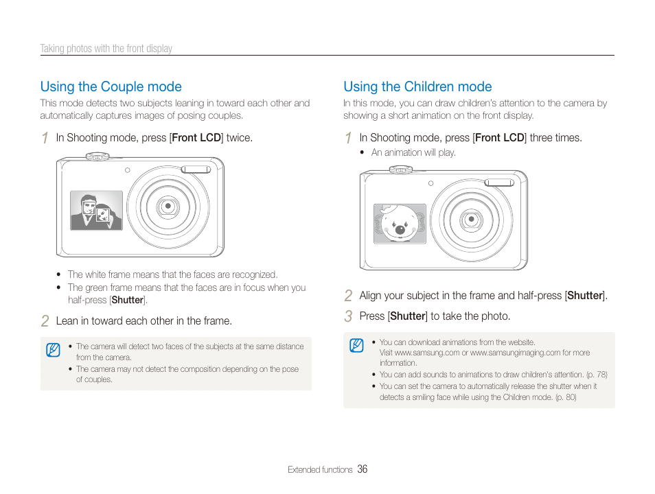 Using the couple mode, Using the children mode, Using the couple mode …………………………………… 36 | Using the children mode ………………………………… 36 | Samsung EC-PL100ZBPSPA User Manual | Page 37 / 100