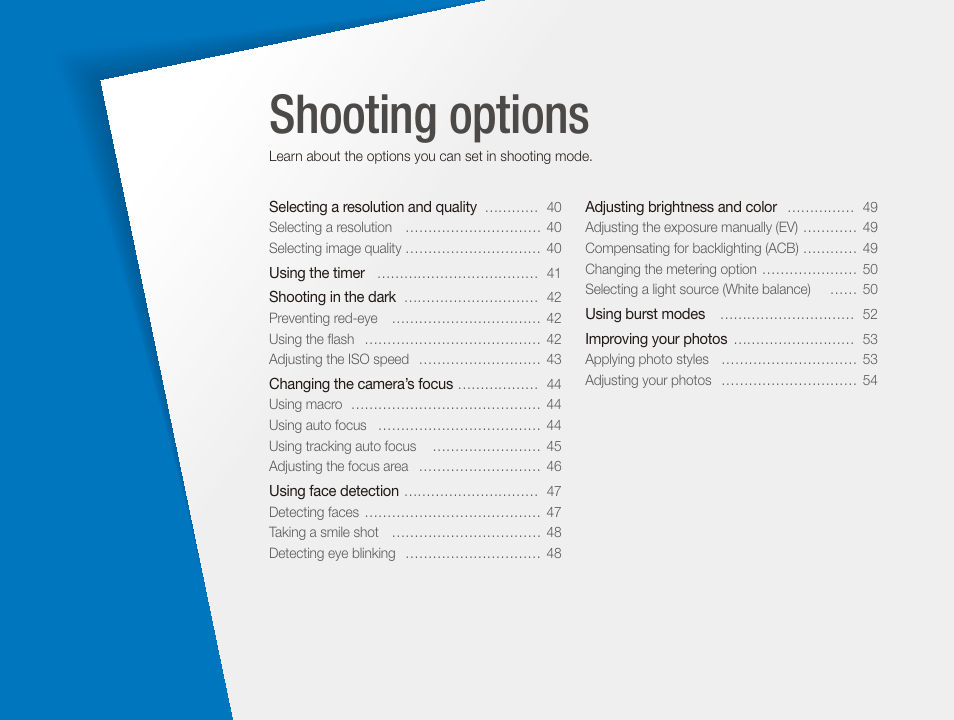 Shooting options | Samsung EC-PL100ZBPSPA User Manual | Page 40 / 100
