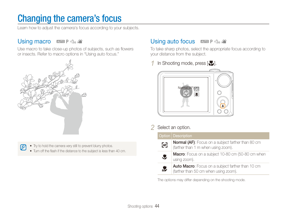 Changing the camera’s focus, Using macro, Using auto focus | Using macro …………………………………… 44, Using auto focus ……………………………… 44 | Samsung EC-PL100ZBPSPA User Manual | Page 45 / 100