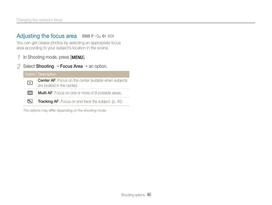 Adjusting the focus area, Adjusting the focus area ……………………… 46 | Samsung EC-PL100ZBPSPA User Manual | Page 47 / 100