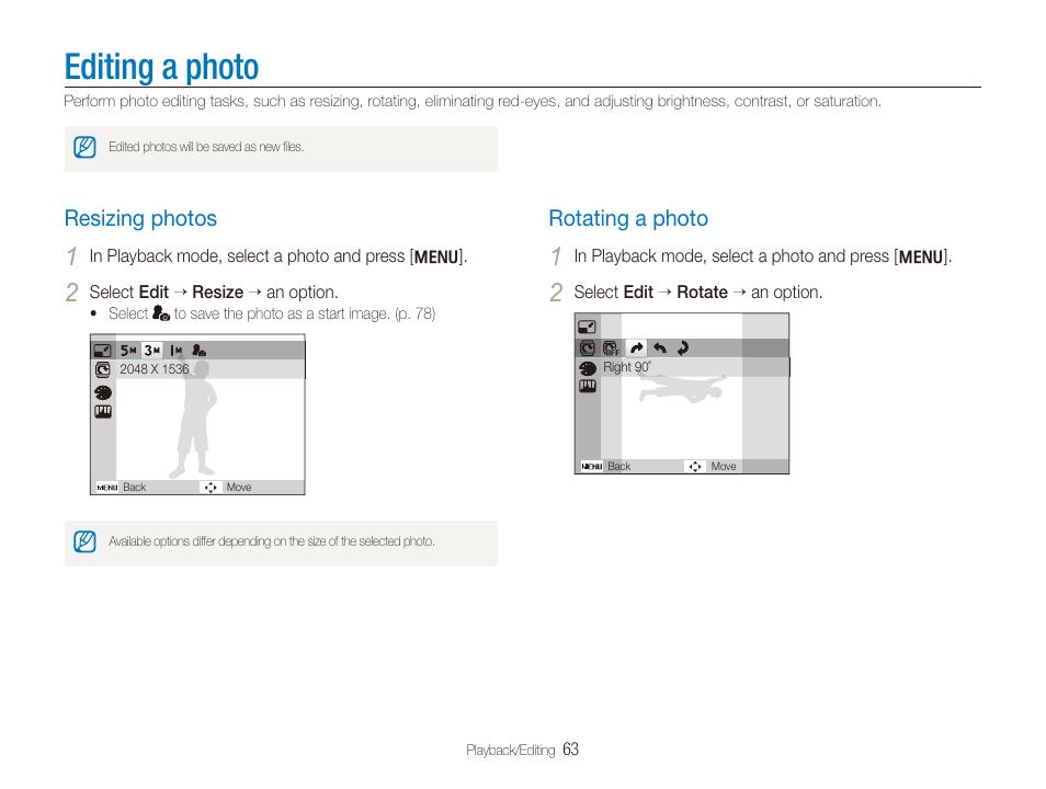 Editing a photo, Resizing photos, Rotating a photo | Resizing photos ……………………………… 63, Rotating a photo ……………………………… 63 | Samsung EC-PL100ZBPSPA User Manual | Page 64 / 100