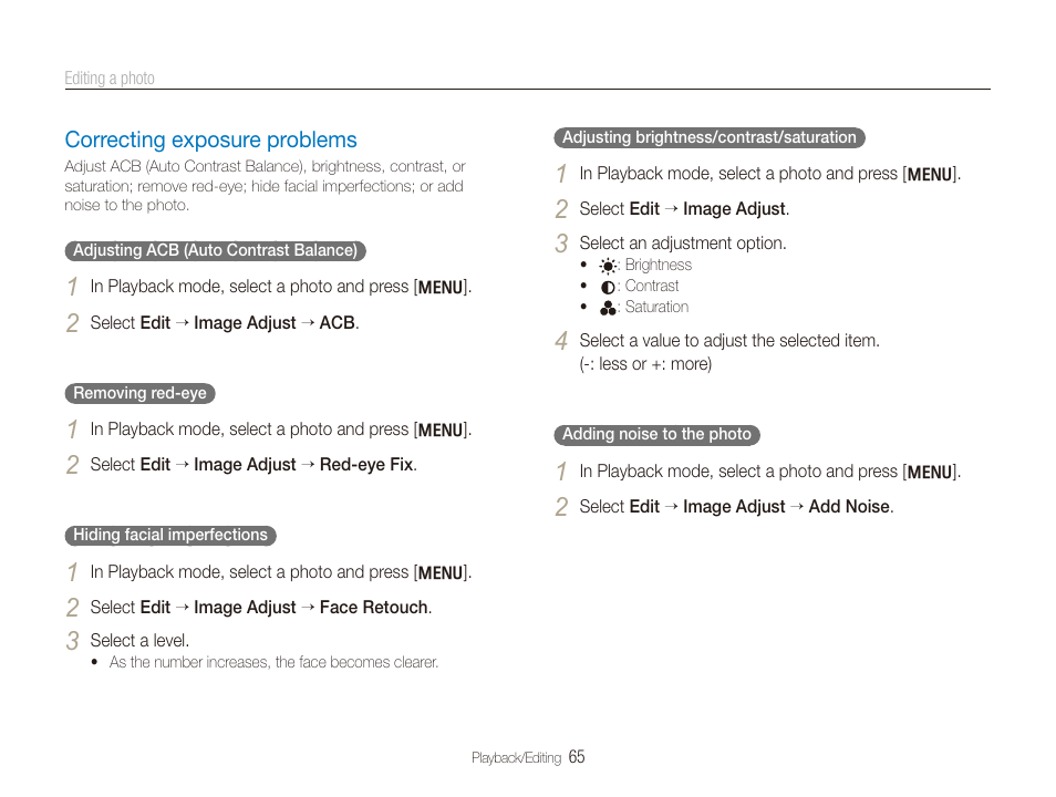 Correcting exposure problems, In the edit menu. (p. 65), Correcting exposure problems ……………… 65 | Samsung EC-PL100ZBPSPA User Manual | Page 66 / 100