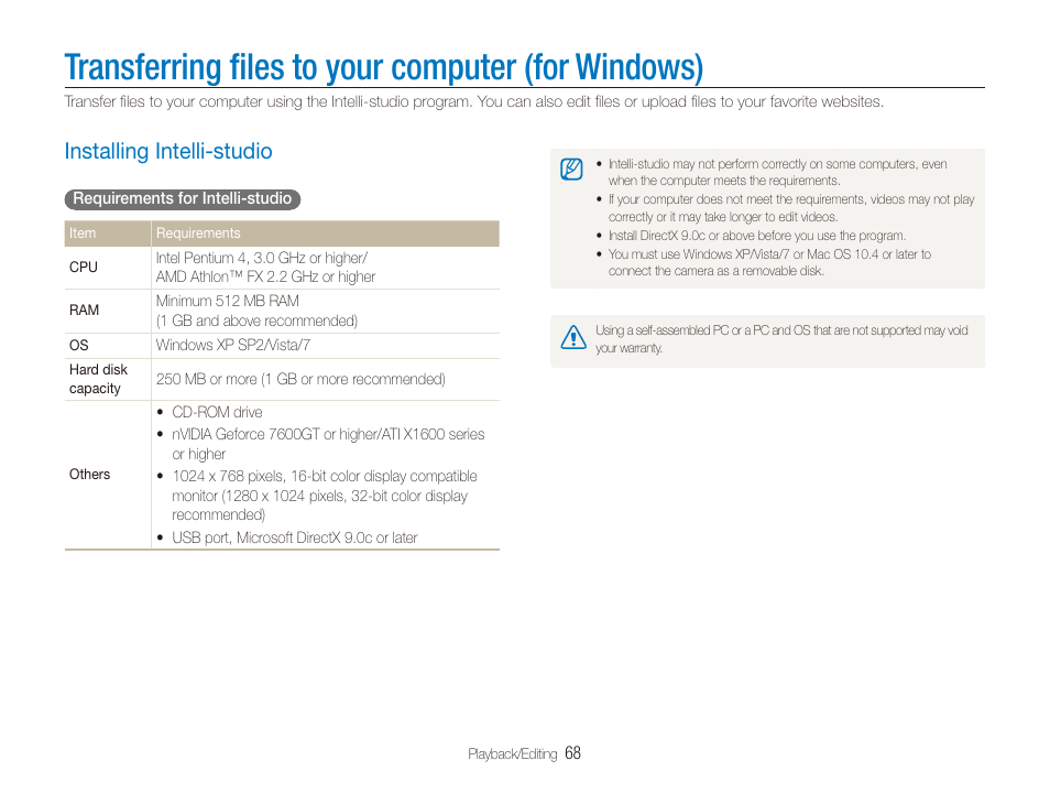 Transferring files to your computer (for windows), Installing intelli-studio, Transferring ﬁles to your computer (for windows) | Transferring ﬁles to your computer, For windows), Installing intelli-studio ………………………… 68 | Samsung EC-PL100ZBPSPA User Manual | Page 69 / 100