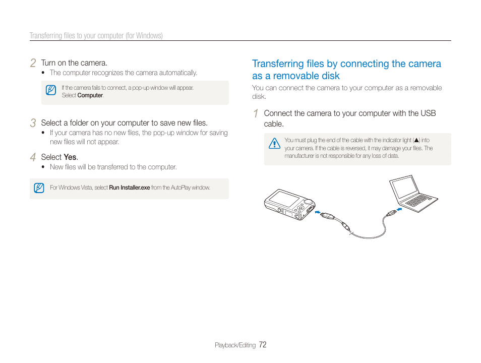 Transferring ﬁles by connecting the camera as a, Removable disk ………………………………… 72 | Samsung EC-PL100ZBPSPA User Manual | Page 73 / 100
