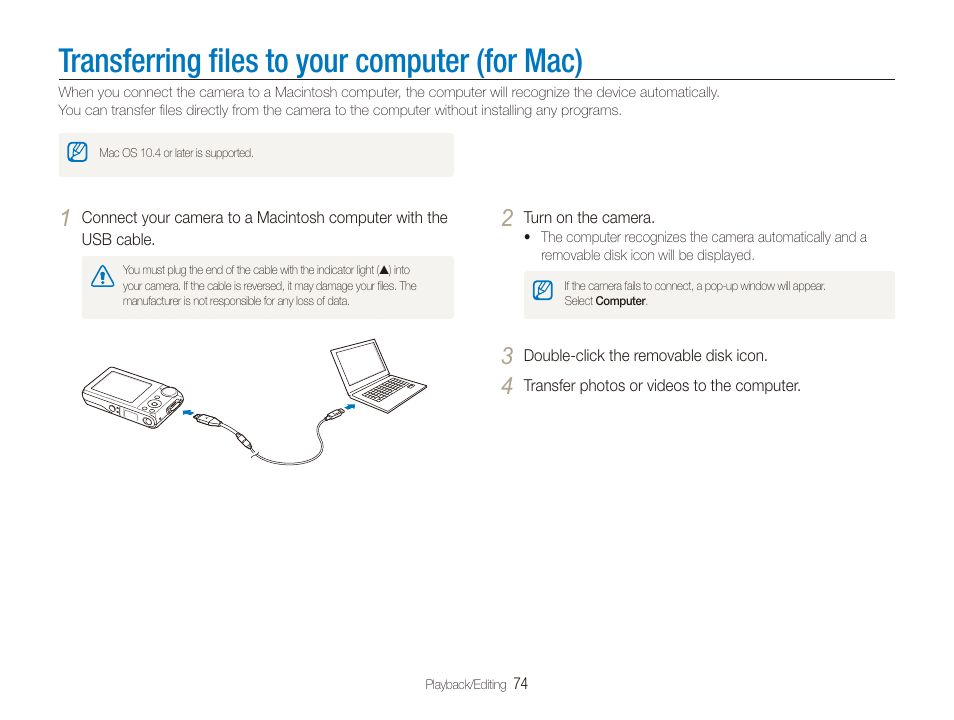 Transferring files to your computer (for mac), Transferring ﬁles to your computer (for mac), Transferring ﬁles to your computer | For mac) | Samsung EC-PL100ZBPSPA User Manual | Page 75 / 100