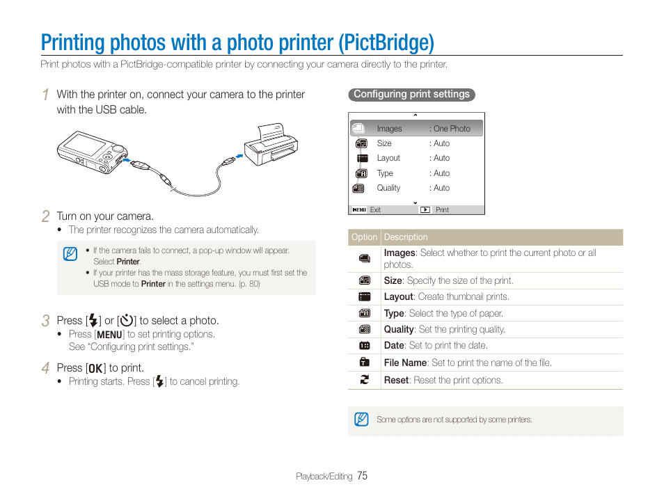 Printing photos with a photo printer (pictbridge), Printing photos with a photo printer, Pictbridge) | Samsung EC-PL100ZBPSPA User Manual | Page 76 / 100