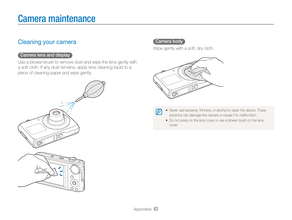 Camera maintenance, Cleaning your camera, Cleaning your camera ……………………………………… 83 | Samsung EC-PL100ZBPSPA User Manual | Page 84 / 100