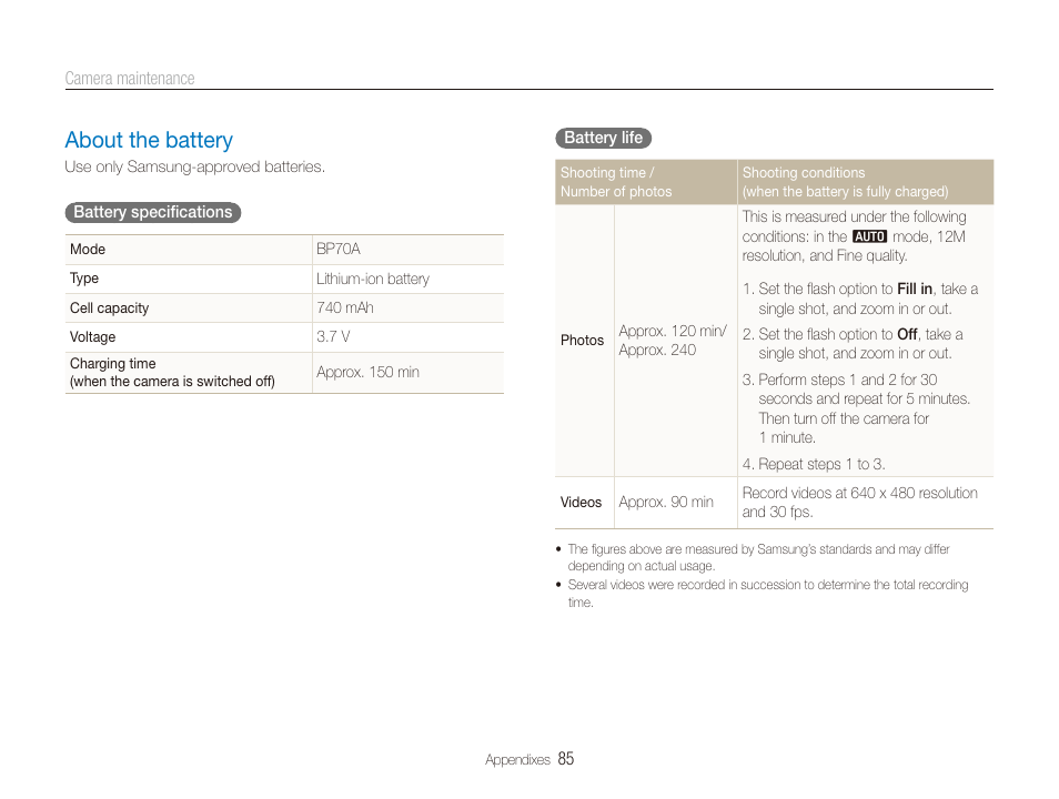 About the battery, About the battery …………………………………………… 85 | Samsung EC-PL100ZBPSPA User Manual | Page 86 / 100