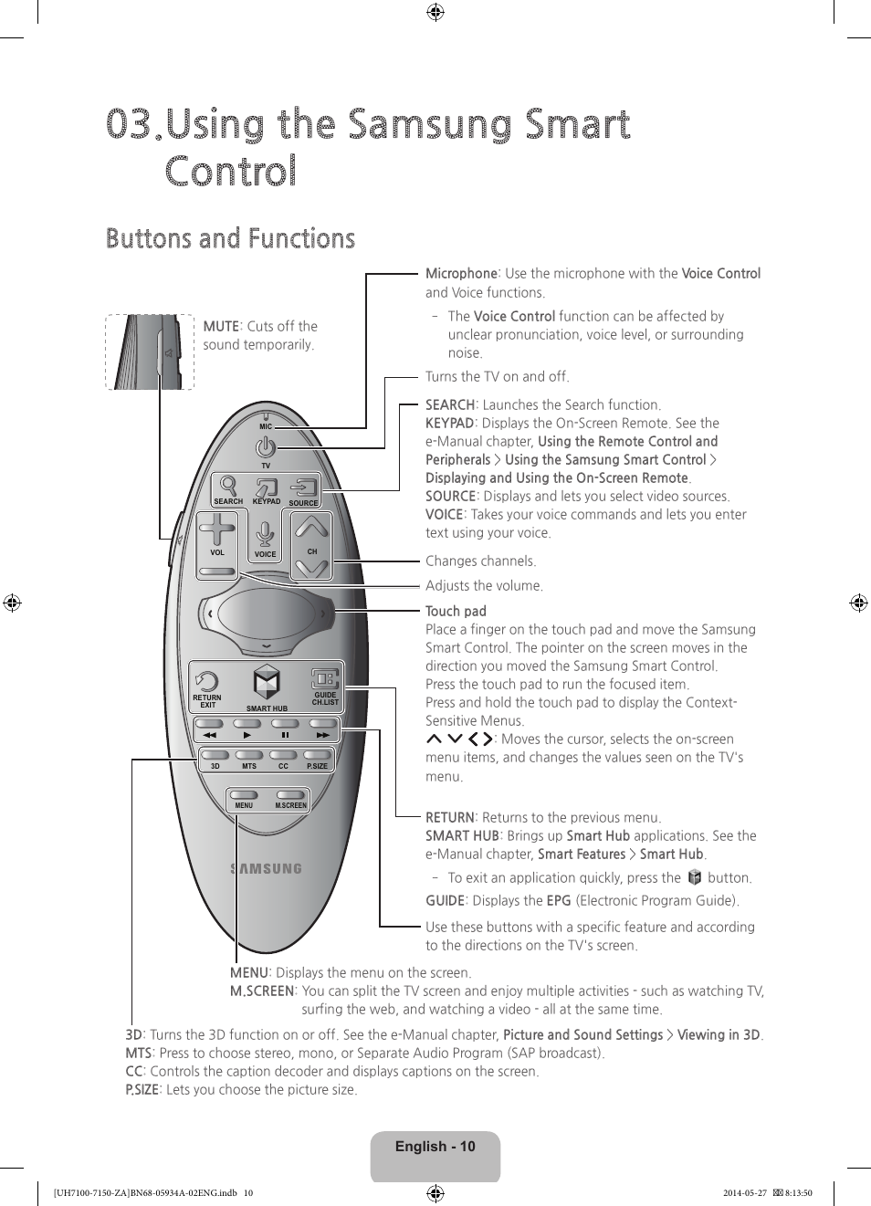 Using the samsung smart control, Buttons and functions, English - 10 | Samsung UN55H7150AFXZA User Manual | Page 10 / 40