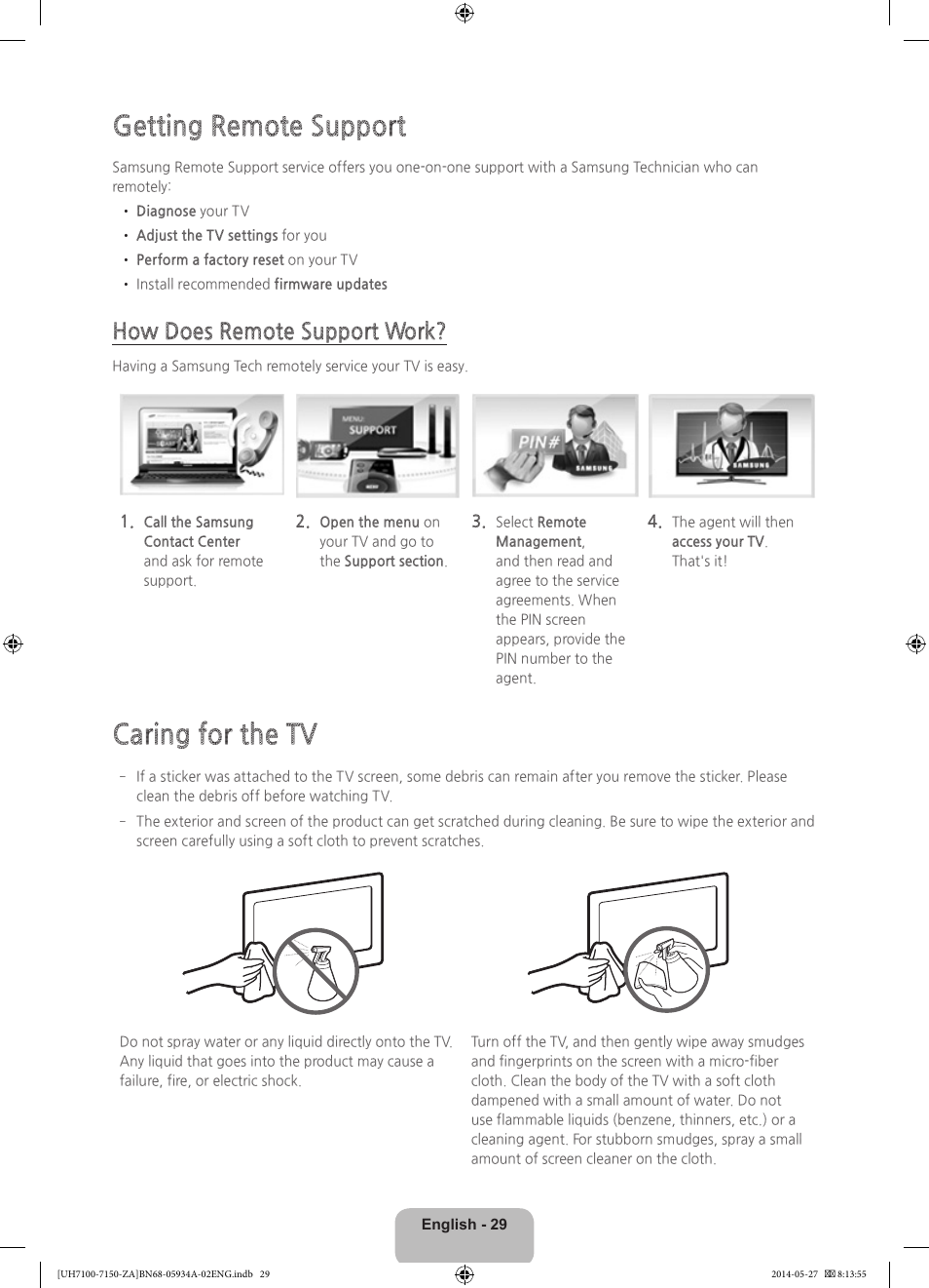 Getting remote support, Caring for the tv, How does remote support work | Samsung UN55H7150AFXZA User Manual | Page 29 / 40