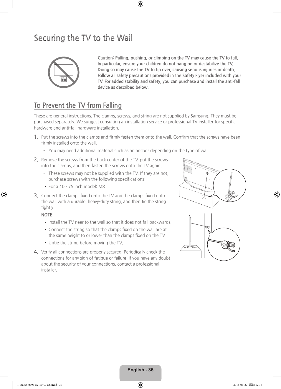 Securing the tv to the wall | Samsung UN55H7150AFXZA User Manual | Page 36 / 40