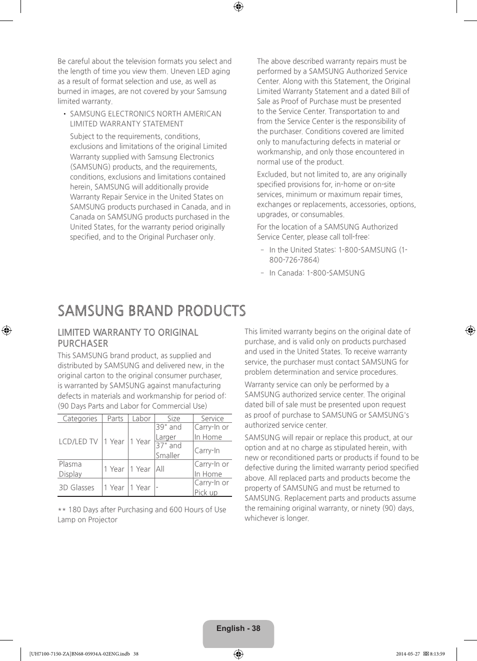 Samsung brand products, Limited warranty to original purchaser | Samsung UN55H7150AFXZA User Manual | Page 38 / 40