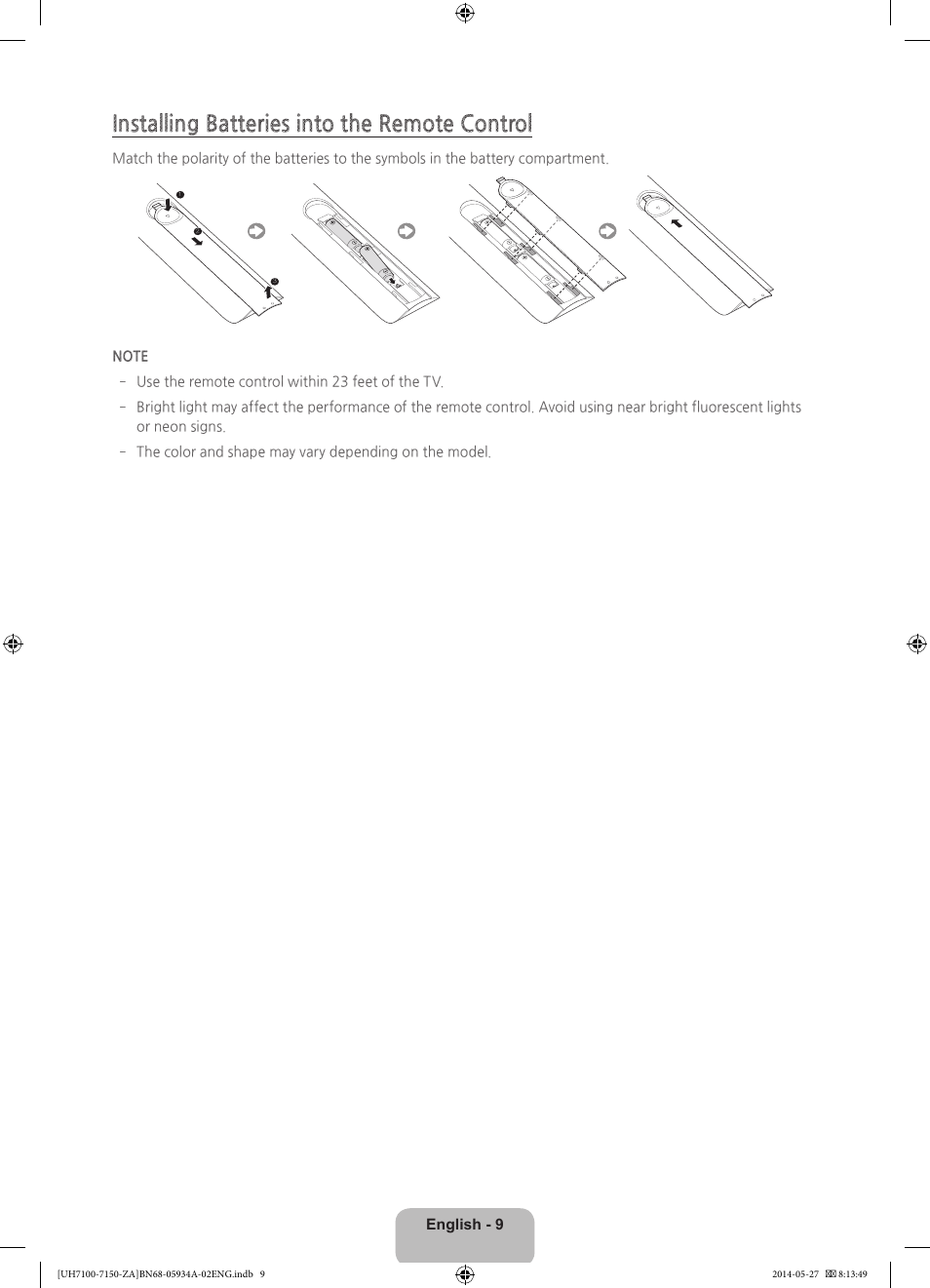 Installing batteries into the remote control | Samsung UN55H7150AFXZA User Manual | Page 9 / 40