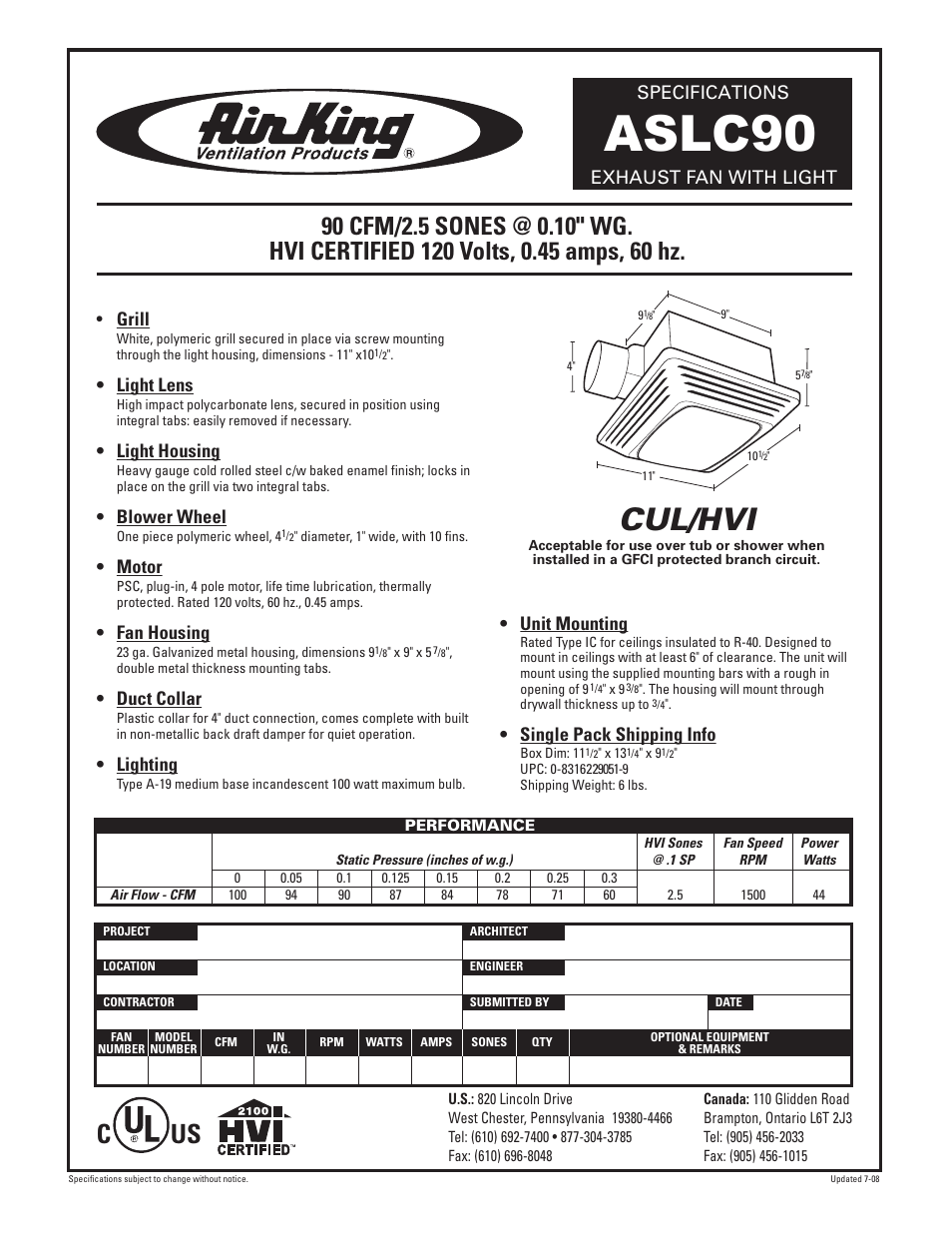 Air King EXHAUST FAN WITH LIGHT ASLC90 User Manual | 1 page