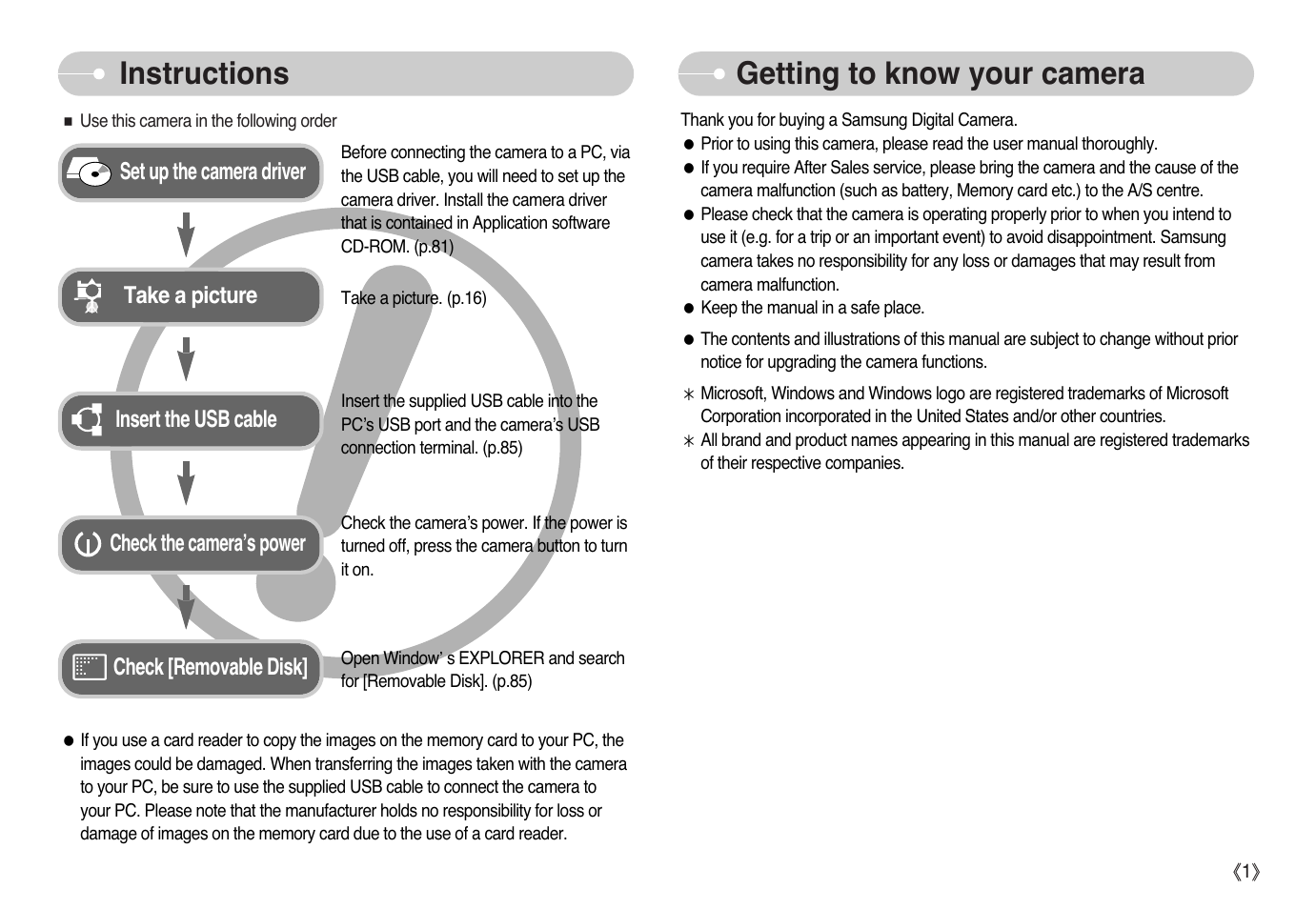 Instructions getting to know your camera | Samsung EC-L77ZZBBA-AU User Manual | Page 2 / 98