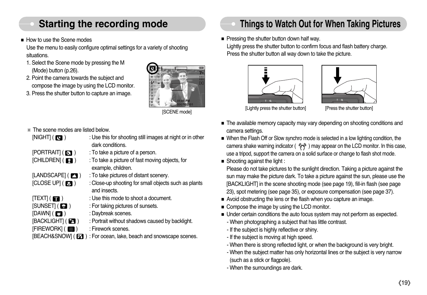 Starting the recording mode, Things to watch out for when taking pictures | Samsung EC-L77ZZBBA-AU User Manual | Page 20 / 98