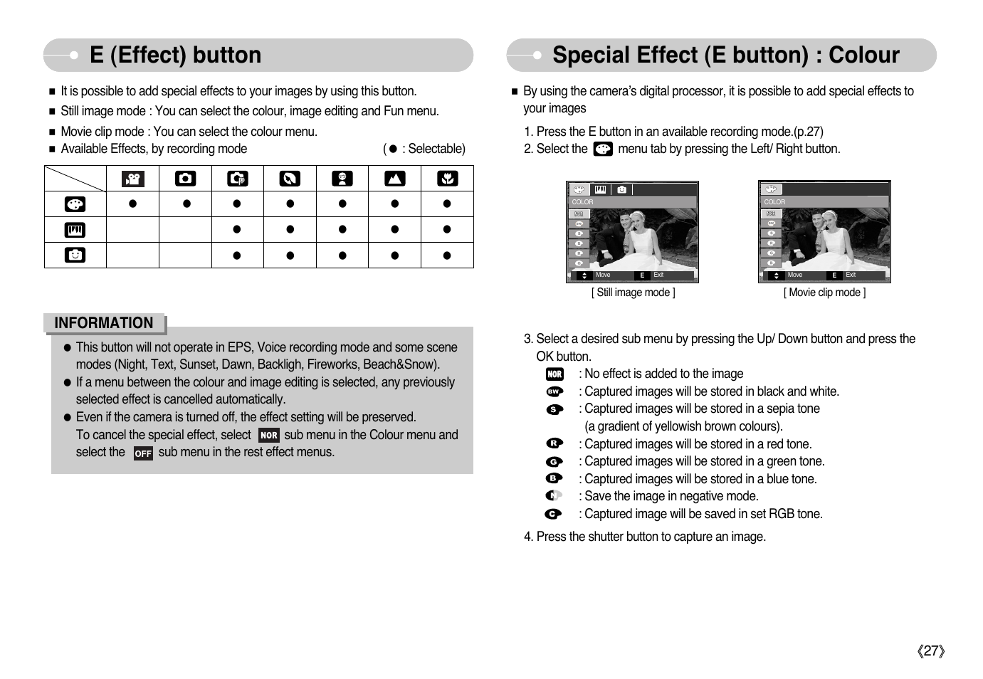 E (effect) button, Special effect (e button) : colour | Samsung EC-L77ZZBBA-AU User Manual | Page 28 / 98