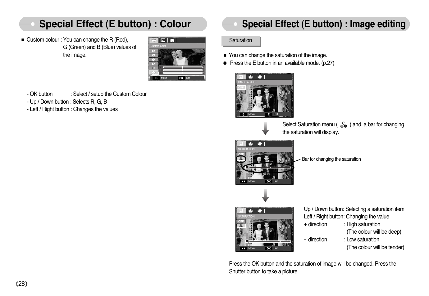 Special effect (e button) : image editing, Special effect (e button) : colour | Samsung EC-L77ZZBBA-AU User Manual | Page 29 / 98