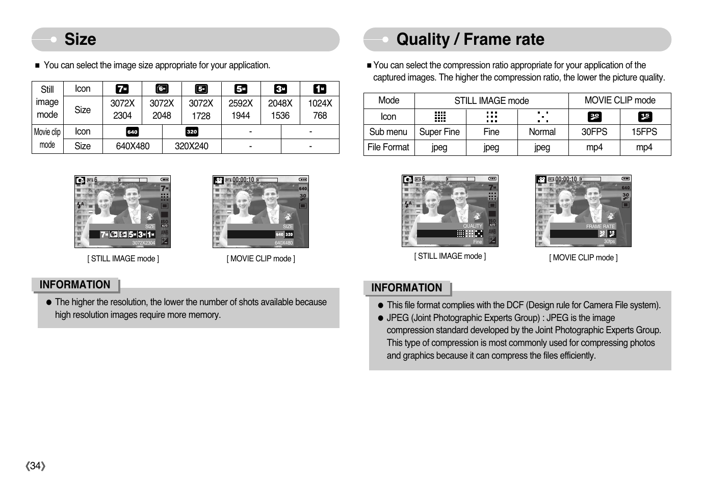 Size, Quality / frame rate | Samsung EC-L77ZZBBA-AU User Manual | Page 35 / 98
