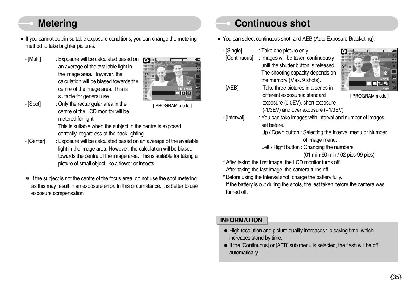 Metering, Continuous shot | Samsung EC-L77ZZBBA-AU User Manual | Page 36 / 98