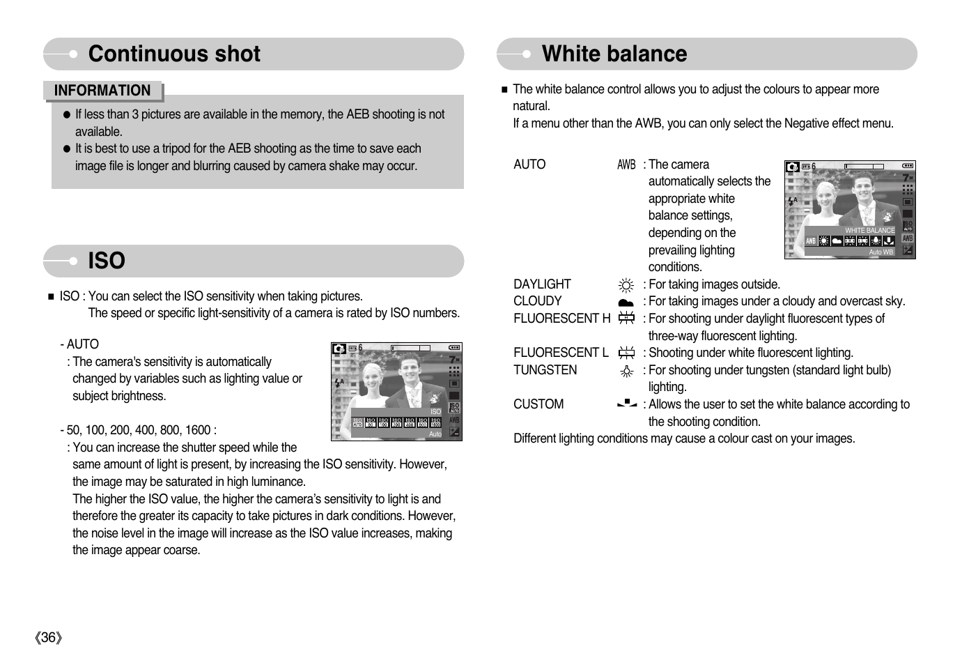 White balance, Continuous shot | Samsung EC-L77ZZBBA-AU User Manual | Page 37 / 98