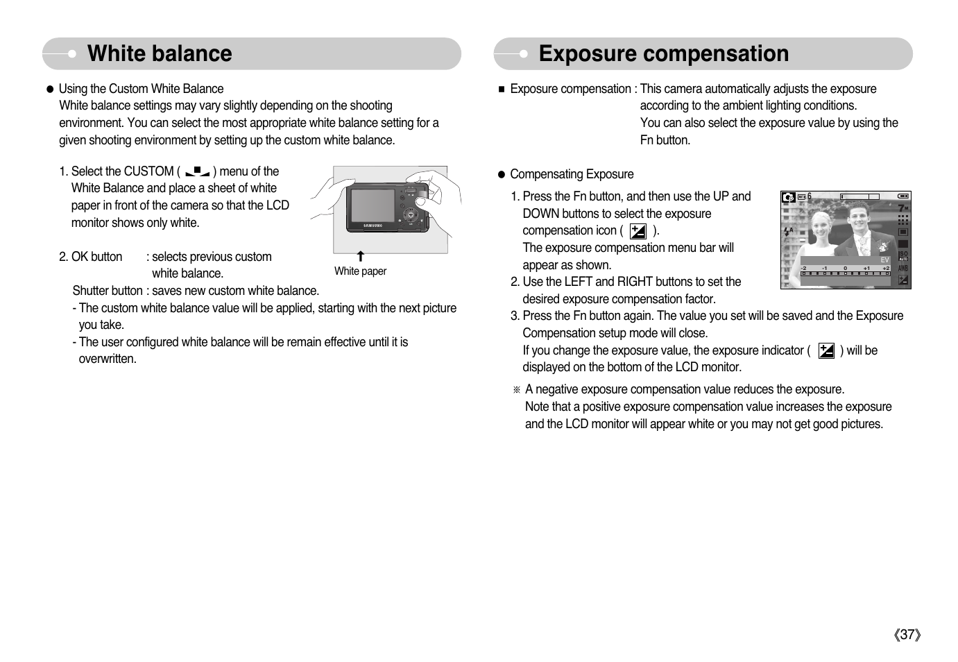 White balance, Exposure compensation | Samsung EC-L77ZZBBA-AU User Manual | Page 38 / 98