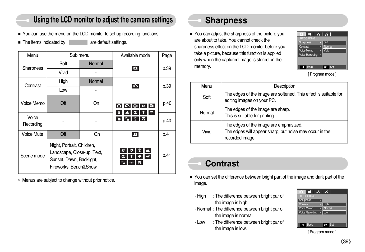 Contrast, Sharpness | Samsung EC-L77ZZBBA-AU User Manual | Page 40 / 98