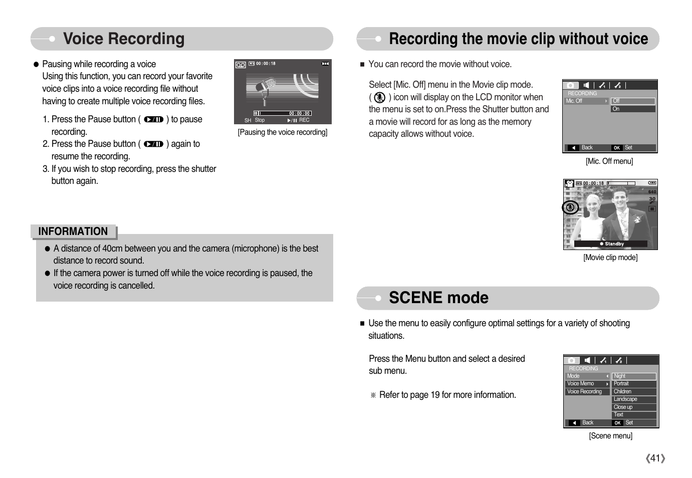 Voice recording, Recording the movie clip without voice, Scene mode | Information | Samsung EC-L77ZZBBA-AU User Manual | Page 42 / 98