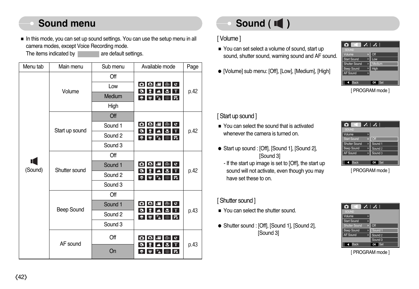 Sound ( ), Sound menu, Volume | Start up sound, Shutter sound, P.42 | Samsung EC-L77ZZBBA-AU User Manual | Page 43 / 98