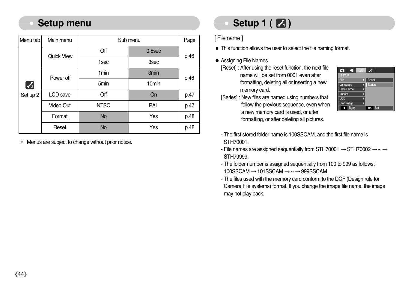 Setup 1 ( ), Setup menu | Samsung EC-L77ZZBBA-AU User Manual | Page 45 / 98