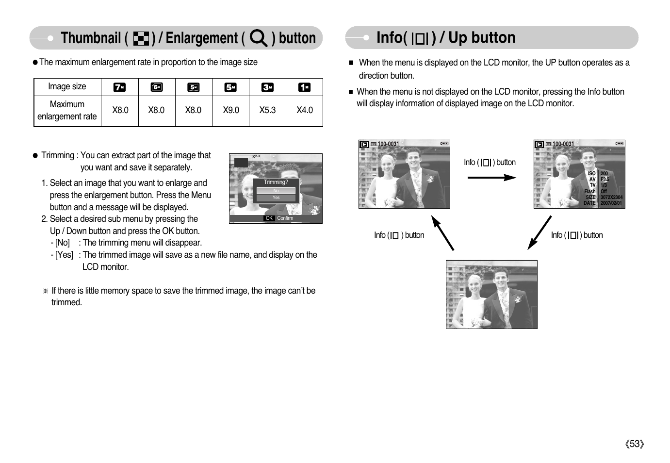 Info( ) / up button, Thumbnail ( ) / enlargement ( ) button | Samsung EC-L77ZZBBA-AU User Manual | Page 54 / 98