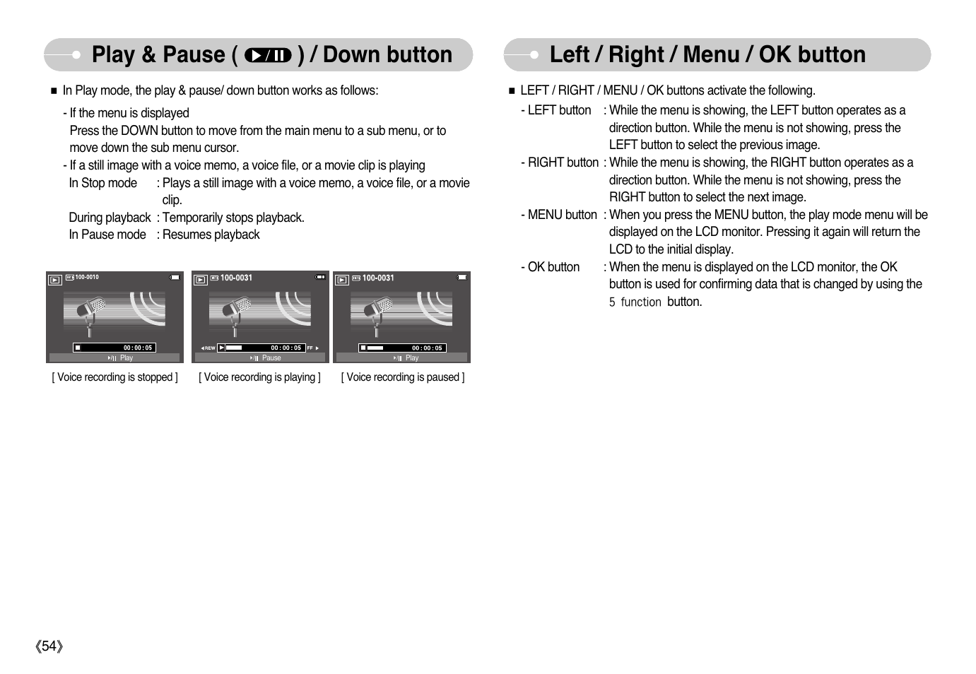 Play & pause ( ) / down button, Left / right / menu / ok button | Samsung EC-L77ZZBBA-AU User Manual | Page 55 / 98