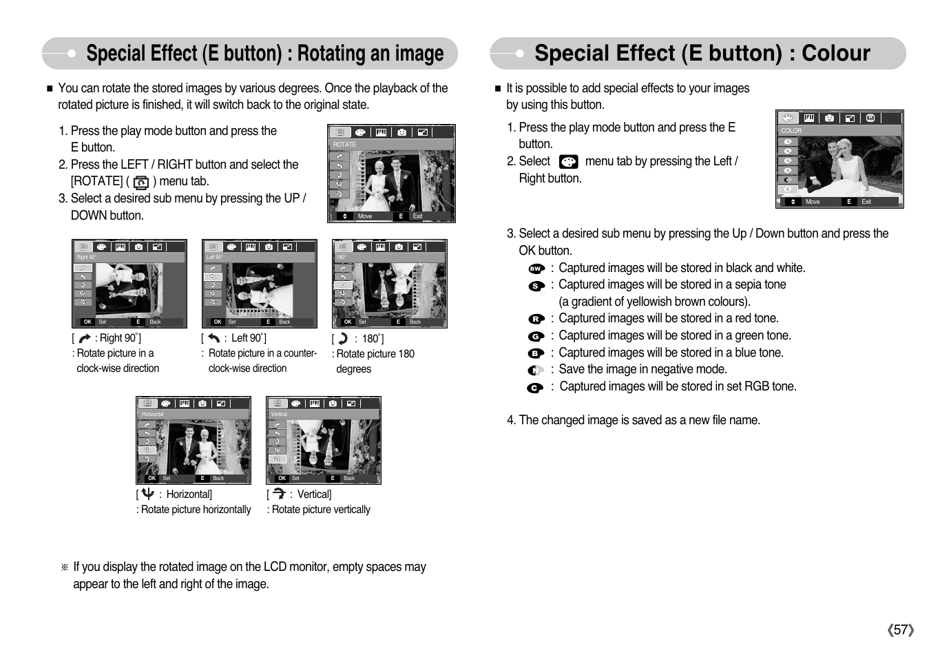Special effect (e button) : rotating an image, Special effect (e button) : colour | Samsung EC-L77ZZBBA-AU User Manual | Page 58 / 98