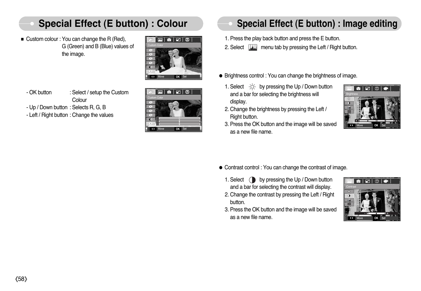 Special effect (e button) : colour, Special effect (e button) : image editing | Samsung EC-L77ZZBBA-AU User Manual | Page 59 / 98