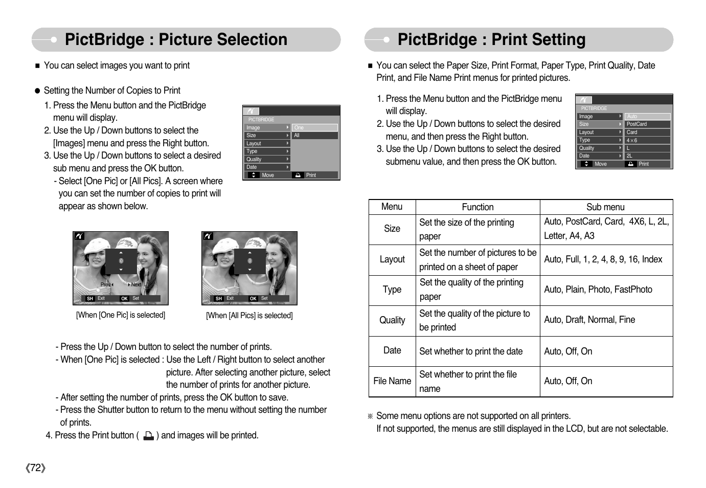 Pictbridge : print setting, Pictbridge : picture selection | Samsung EC-L77ZZBBA-AU User Manual | Page 73 / 98