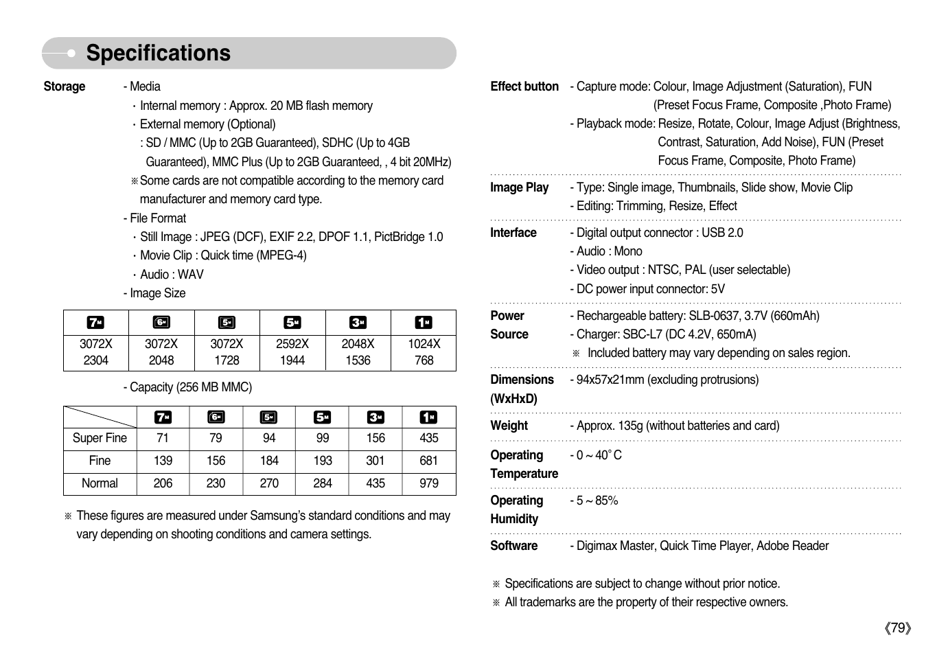 Specifications | Samsung EC-L77ZZBBA-AU User Manual | Page 80 / 98