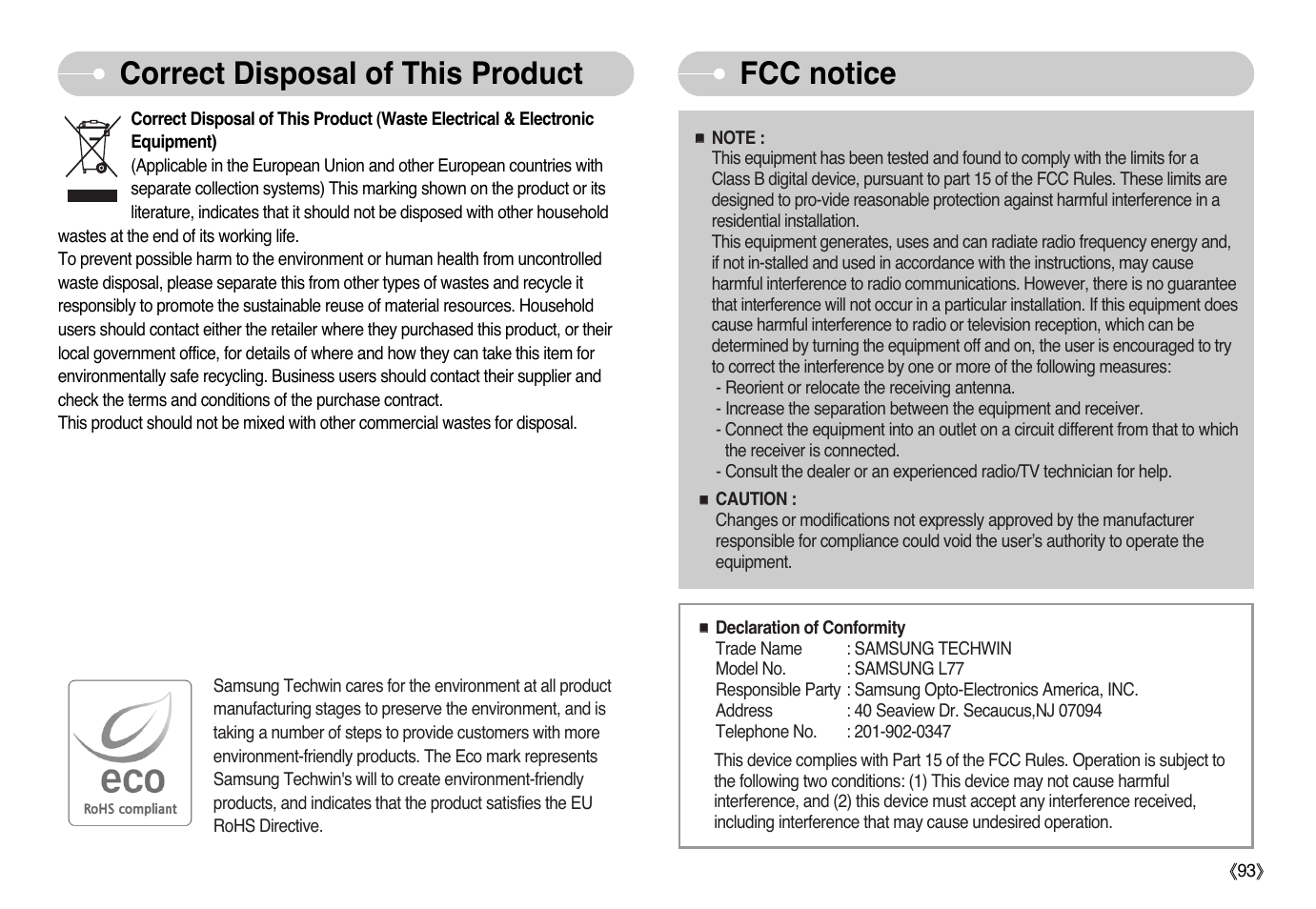 Fcc notice, Correct disposal of this product | Samsung EC-L77ZZBBA-AU User Manual | Page 94 / 98