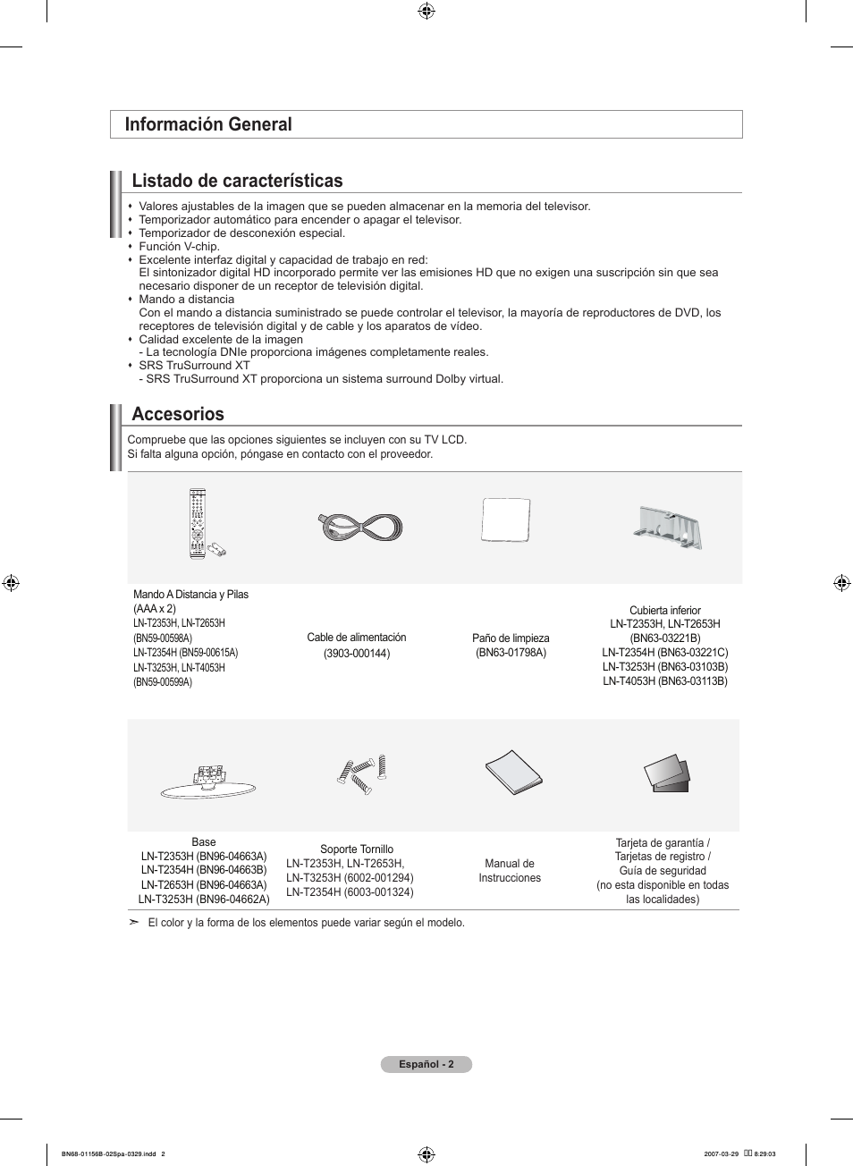 Accesorios, Información general listado de características | Samsung LNT2353HX-XAA User Manual | Page 102 / 191