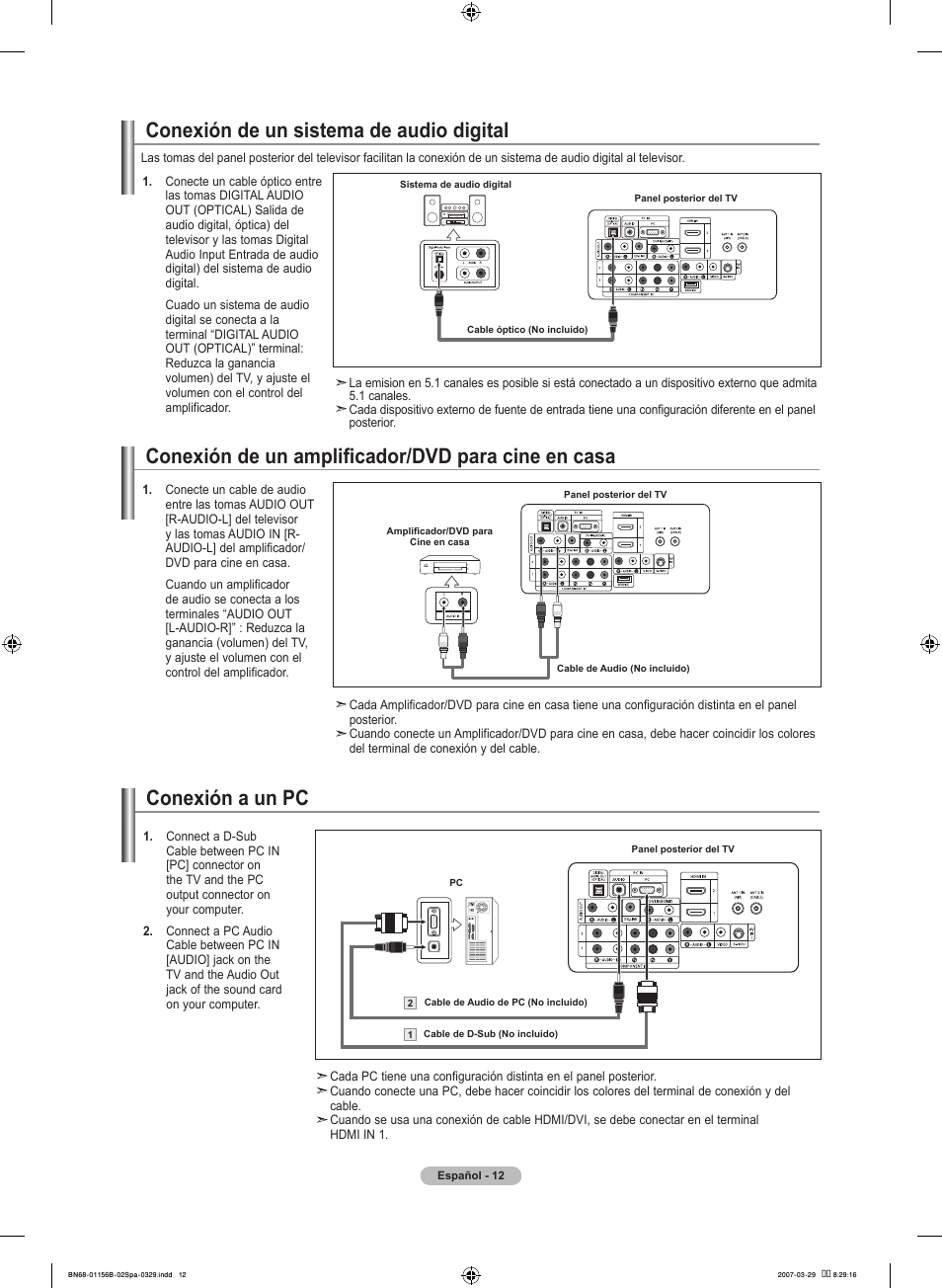 Conexión de un amplificador/dvd para cine en casa, Conexión de un sistema de audio digital, Conexión a un pc | Samsung LNT2353HX-XAA User Manual | Page 112 / 191
