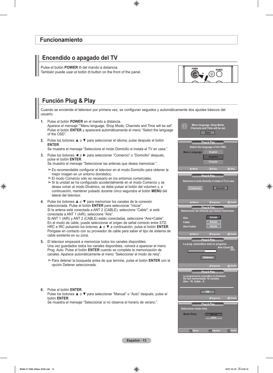 Función plug & play, Encendido o apagado del tv, Funcionamiento | Samsung LNT2353HX-XAA User Manual | Page 113 / 191