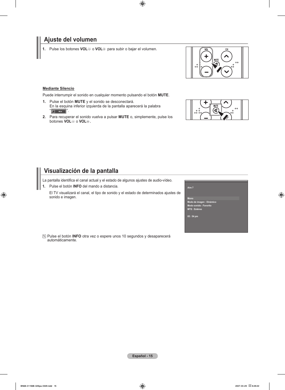 Ajuste del volumen, Visualización de la pantalla | Samsung LNT2353HX-XAA User Manual | Page 115 / 191
