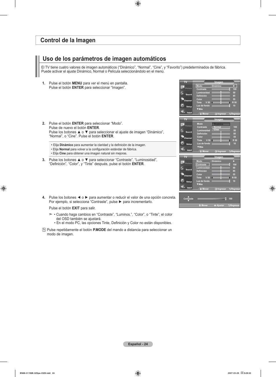Uso de los parámetros de imagen automáticos, Control de la imagen | Samsung LNT2353HX-XAA User Manual | Page 124 / 191
