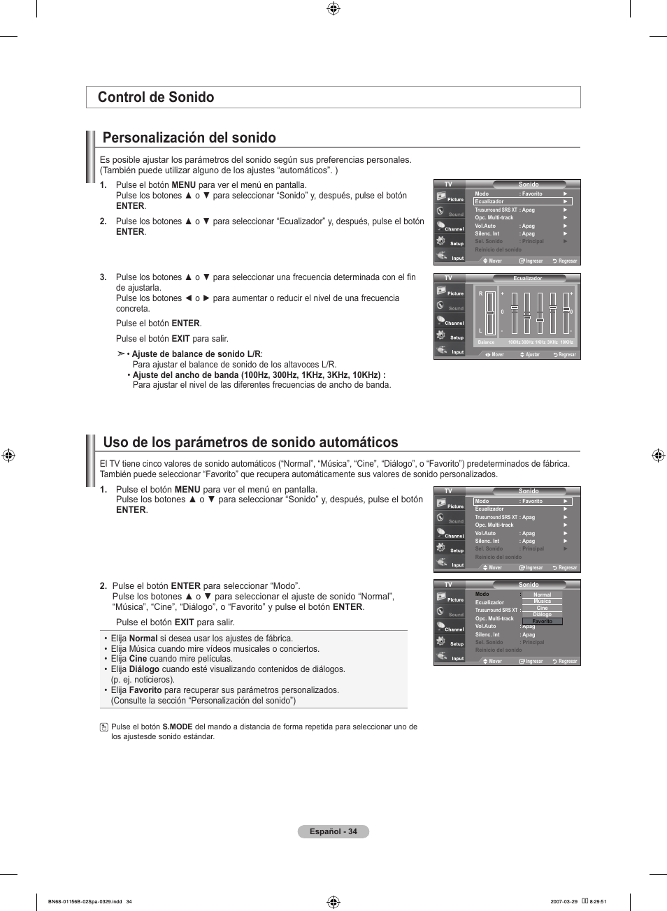 Personalización del sonido, Uso de los parámetros de sonido automáticos, Control de sonido | Samsung LNT2353HX-XAA User Manual | Page 134 / 191