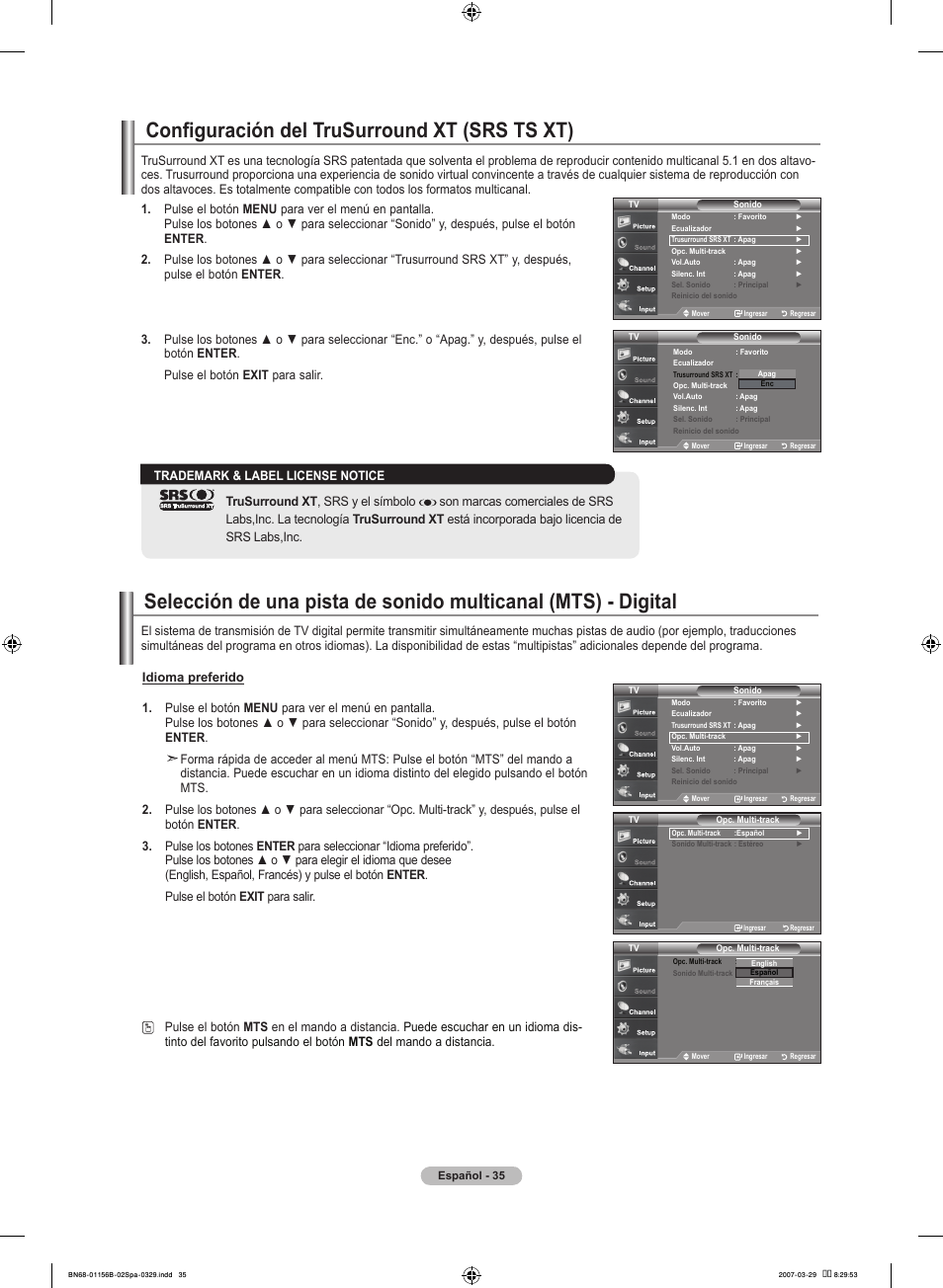 Configuración del trusurround xt (srs ts xt) | Samsung LNT2353HX-XAA User Manual | Page 135 / 191
