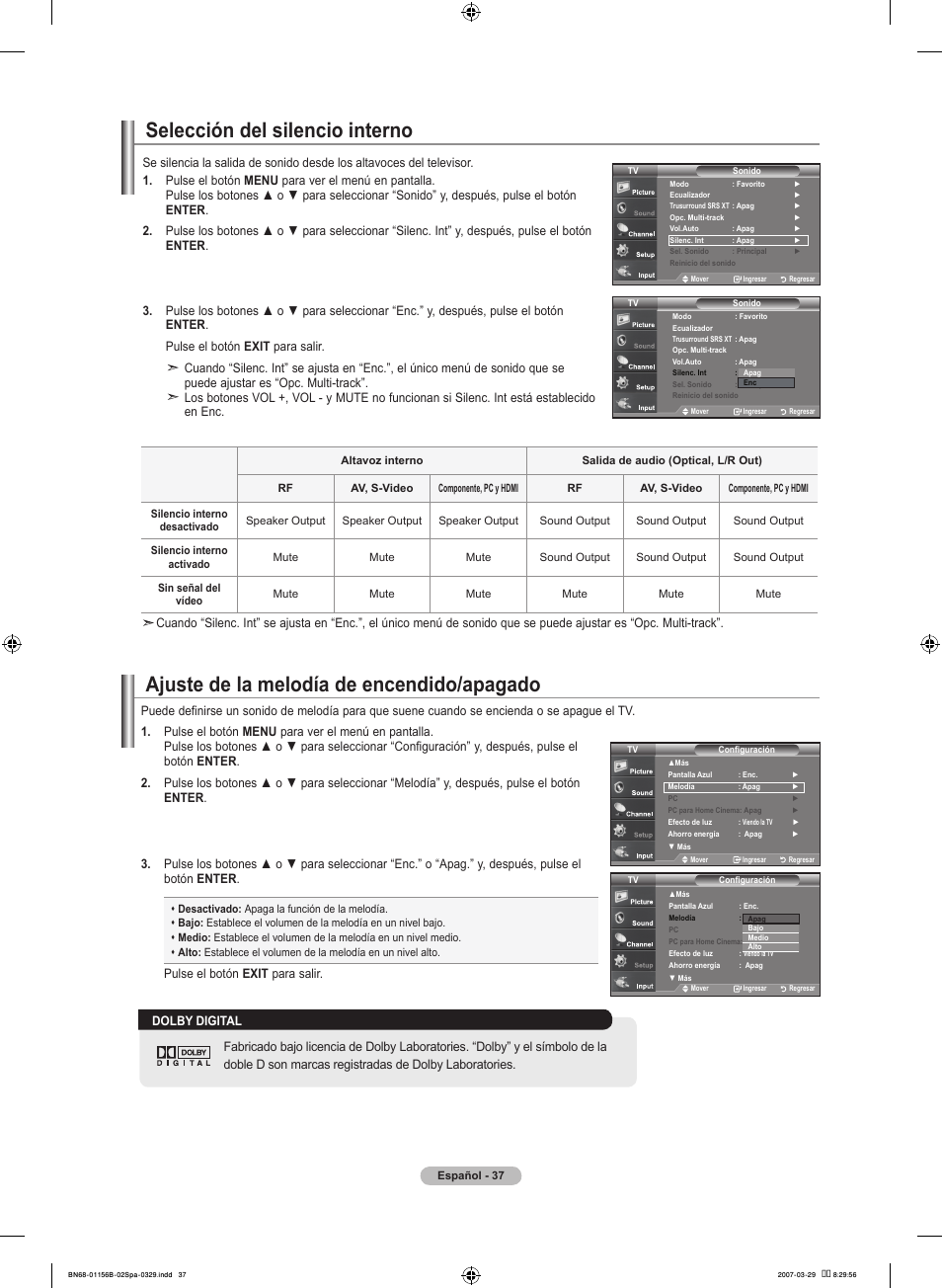 Selección del silencio interno, Ajuste de la melodía de encendido/apagado | Samsung LNT2353HX-XAA User Manual | Page 137 / 191