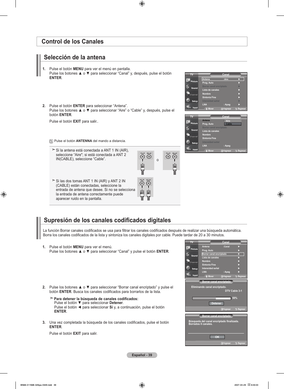Control de los canales selección de la antena, Supresión de los canales codificados digitales | Samsung LNT2353HX-XAA User Manual | Page 139 / 191