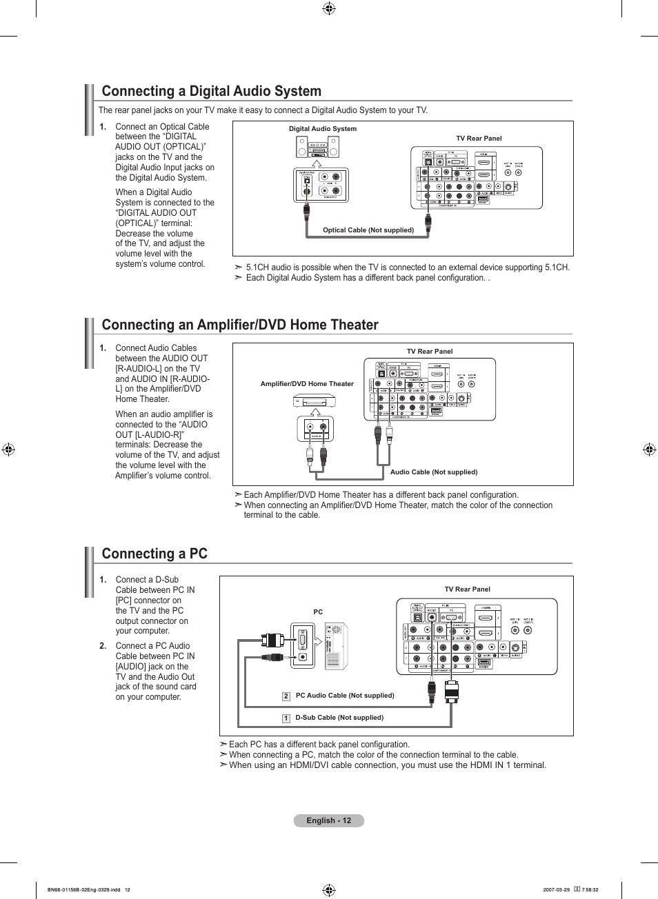 Connecting an amplifier/dvd home theater, Connecting a digital audio system, Connecting a pc | Samsung LNT2353HX-XAA User Manual | Page 14 / 191