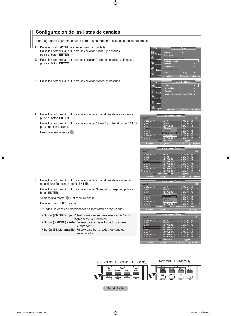Configuración de las listas de canales | Samsung LNT2353HX-XAA User Manual | Page 140 / 191