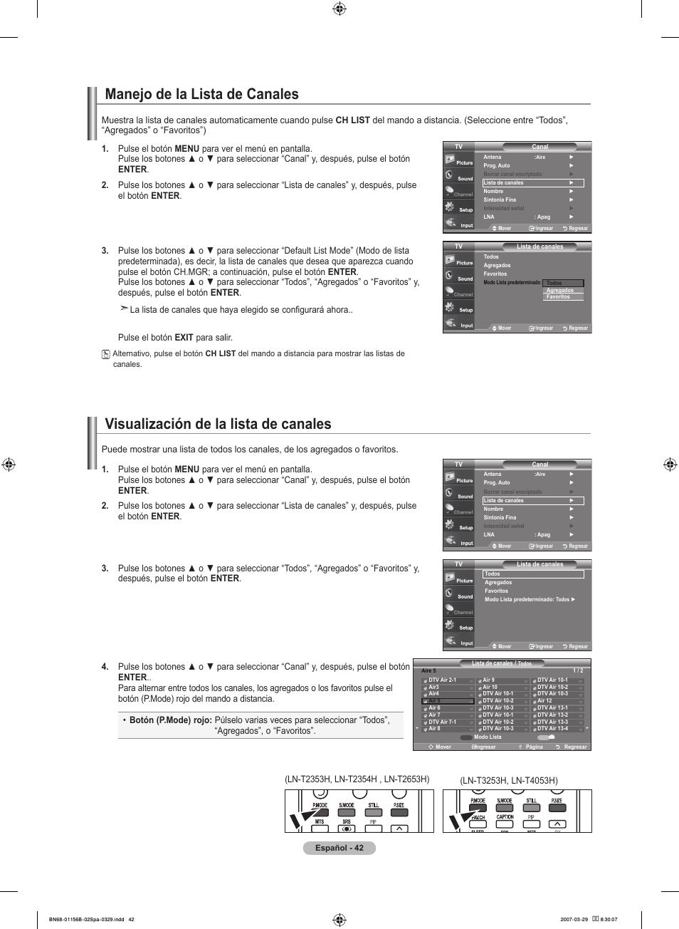 Manejo de la lista de canales, Visualización de la lista de canales | Samsung LNT2353HX-XAA User Manual | Page 142 / 191