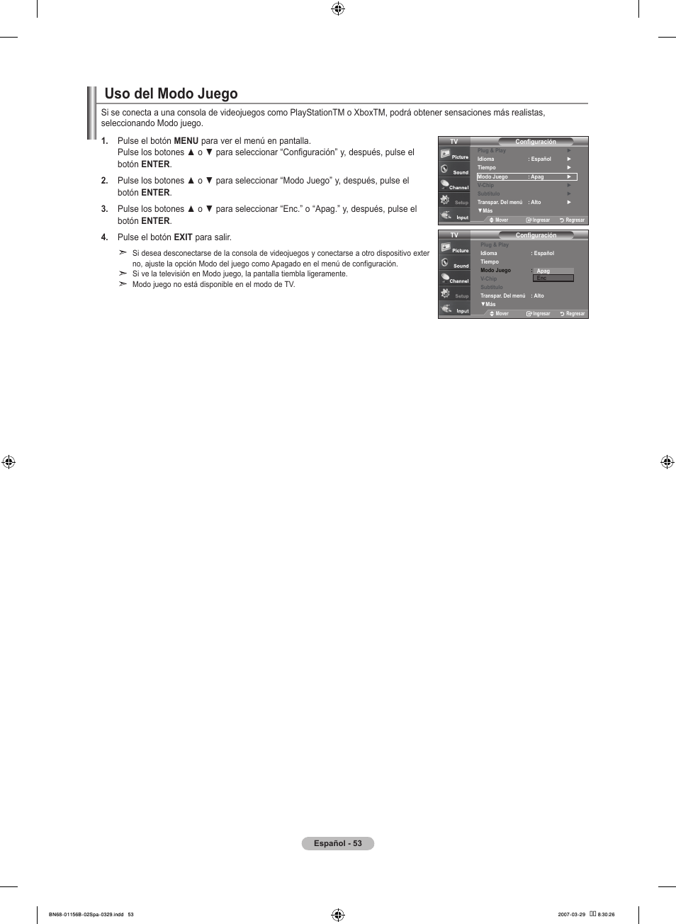 Uso del modo juego | Samsung LNT2353HX-XAA User Manual | Page 153 / 191